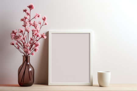 Mockup frame, White background mockup frame featuring a kitchen scene with elegant orchids. Generative AIの素材