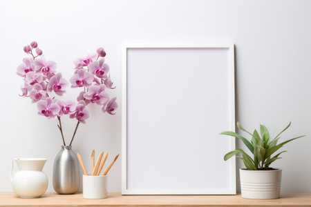 Mockup frame, Kitchen Mockup Frame Featuring Orchids on a Clean White Background. Generative AIの素材