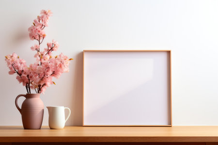 Mockup frame, A serene kitchen setting showcased within a mockup frame against a white background, adorned with beautiful orchids. Generative AIの素材