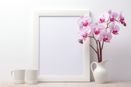 Mockup frame, White background mockup frame featuring a kitchen scene with elegant orchids. Generative AIの素材