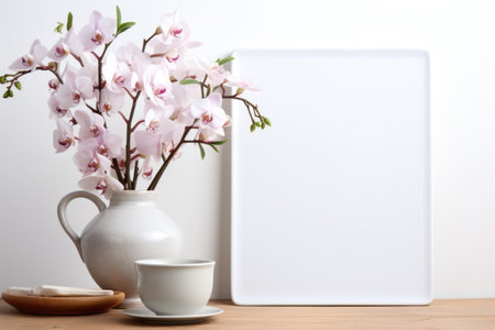 Mockup frame, A serene kitchen setting showcased within a mockup frame against a white background, adorned with beautiful orchids. Generative AIの素材