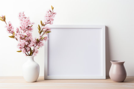 Mockup frame, White background mockup frame featuring a kitchen scene with elegant orchids. Generative AIの素材