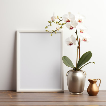 Mockup frame, A serene kitchen setting showcased within a mockup frame against a white background, adorned with beautiful orchids. Generative AIの素材