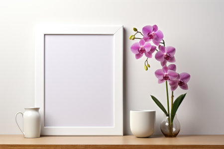 Mockup frame, Orchids add a touch of grace to the mockup frame's kitchen depiction against a clean white background. Generative AIの素材