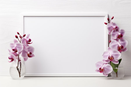 Mockup frame, A white mockup frame surrounds a kitchen scene with orchids against a clean white background, exuding a minimalist and modern aesthetic. Generative AIの素材