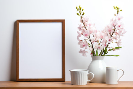 Mockup frame, A serene kitchen setting showcased within a mockup frame against a white background, adorned with beautiful orchids. Generative AIの素材