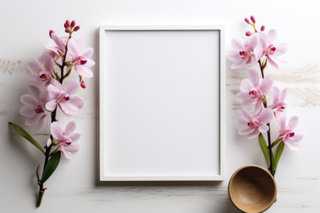 Mockup frame, Orchids add a touch of grace to the mockup frame's kitchen depiction against a clean white background. Generative AIの素材