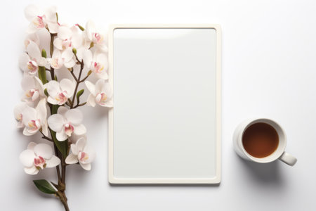 Mockup frame, Orchids add a touch of grace to the mockup frame's kitchen depiction against a clean white background. Generative AIの素材