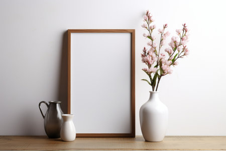 Mockup frame, White background mockup frame featuring a kitchen scene with elegant orchids. Generative AIの素材