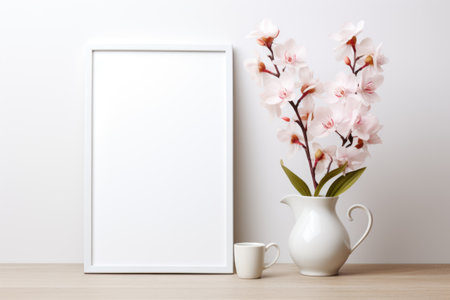 Mockup frame, Orchids add a touch of grace to the mockup frame's kitchen depiction against a clean white background. Generative AIの素材