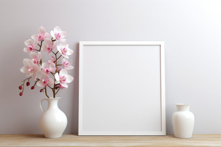 Mockup frame, Kitchen Mockup Frame Featuring Orchids on a Clean White Background. Generative AIの素材