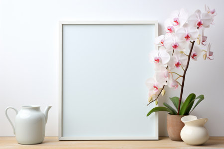 Mockup frame, Orchid-Filled Kitchen Mockup on White Background. Generative AIの素材