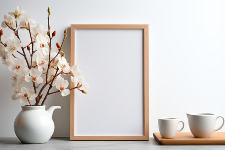 Mockup frame, Orchid-Filled Kitchen Mockup on White Background. Generative AIの素材