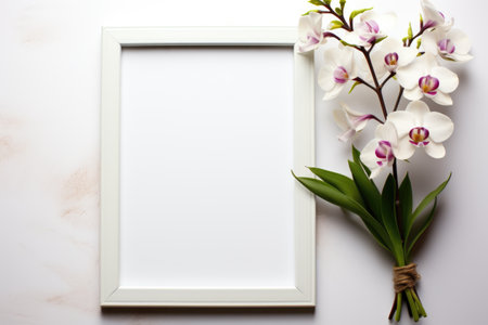 Mockup frame, Orchid-Filled Kitchen Mockup on White Background. Generative AIの素材