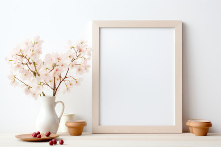 Mockup frame, White Background Mockup Frame with Kitchen Decor and Orchids. Generative AIの素材