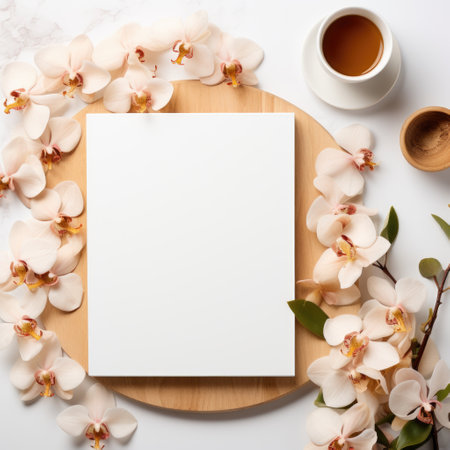 Mockup frame, Orchid-Filled Kitchen Mockup on White Background. Generative AIの素材