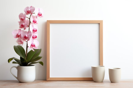 Mockup frame, White Background Mockup Frame with Kitchen Decor and Orchids. Generative AIの素材