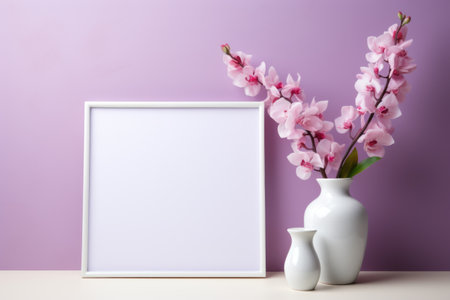Mockup frame, White Background Mockup Frame with Kitchen Decor and Orchids. Generative AIの素材