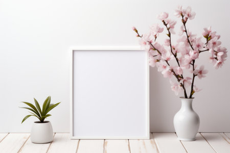 Mockup frame, White Background Mockup Frame with Kitchen Decor and Orchids. Generative AIの素材