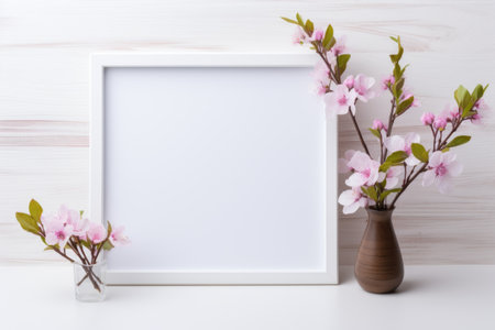 Mockup frame, White Background Mockup Frame with Kitchen Decor and Orchids. Generative AIの素材