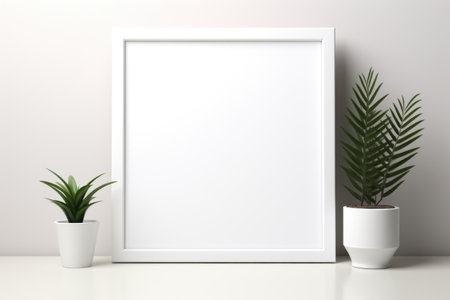 Mockup frame, Minimalist White Table with a Sleek, Modern Black Mockup Frame. Generative AIの素材