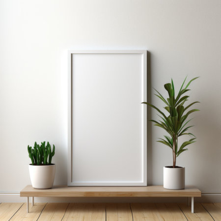 Mockup frame, Black Mockup Frame Contrasting on a Minimalist White Table, Generative AIの素材
