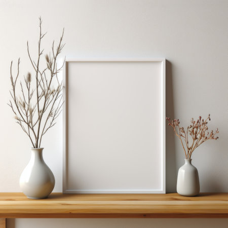 Mockup frame, Minimalist White Table with a Sleek, Modern Black Mockup Frame. Generative AIの素材