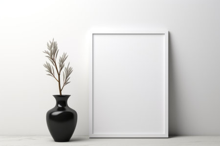 Mockup frame, Black Mockup Frame Contrasting on a Minimalist White Table, Generative AIの素材