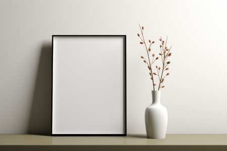 Mockup frame, Modern and Chic: Black Mockup Frame on a White Minimalist Table. Generative AIの素材