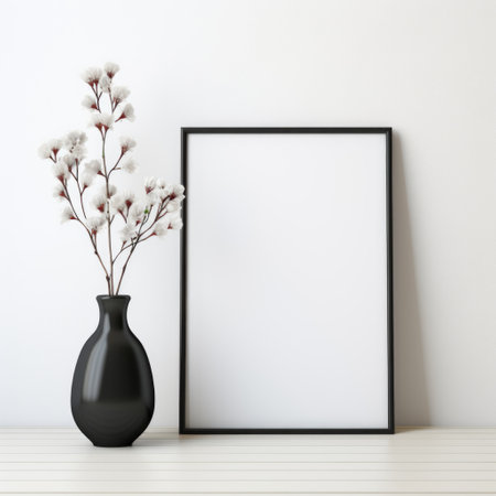 Mockup frame, Minimalist White Table with a Sleek, Modern Black Mockup Frame. Generative AIの素材
