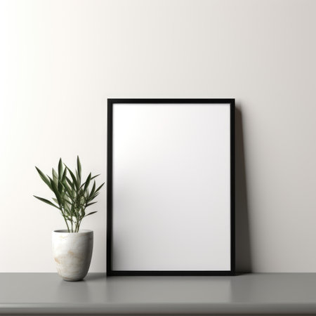 Mockup frame, Black Mockup Frame Contrasting on a Minimalist White Table, Generative AIの素材