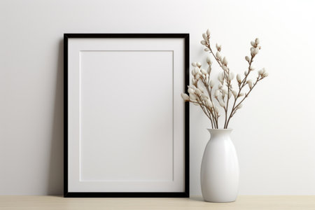 Mockup frame, Minimalistic White Table Accentuated by a Stylish Black Mockup Frame. Generative AIの素材