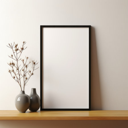 Mockup frame, Black Mockup Frame Contrasting on a Minimalist White Table, Generative AIの素材