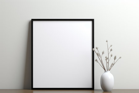 Mockup frame, Minimalist White Table with a Sleek, Modern Black Mockup Frame. Generative AIの素材