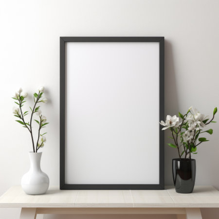 Mockup frame, Minimalistic White Table Accentuated by a Stylish Black Mockup Frame. Generative AIの素材