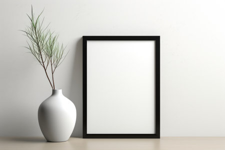 Mockup frame, Modern and Chic: Black Mockup Frame on a White Minimalist Table. Generative AIの素材