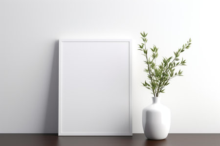 Mockup frame, Black Mockup Frame Contrasting on a Minimalist White Table, Generative AIの素材