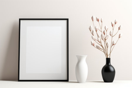 Mockup frame, Modern and Chic: Black Mockup Frame on a White Minimalist Table. Generative AIの素材