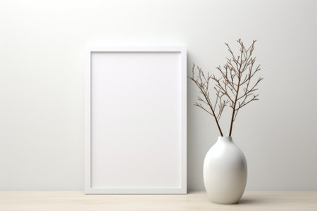 Mockup frame, Minimalistic White Table Accentuated by a Stylish Black Mockup Frame. Generative AIの素材
