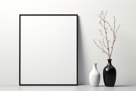 Mockup frame, Modern and Chic: Black Mockup Frame on a White Minimalist Table. Generative AIの素材