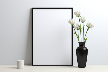 Mockup frame, Black Mockup Frame Contrasting on a Minimalist White Table, Generative AIの素材