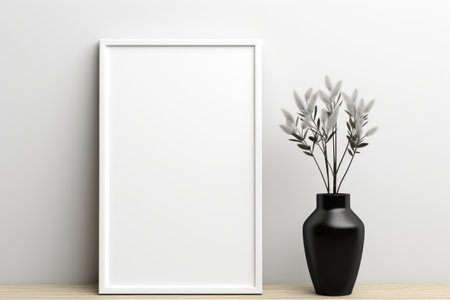 Mockup frame, Minimalistic White Table Accentuated by a Stylish Black Mockup Frame. Generative AIの素材