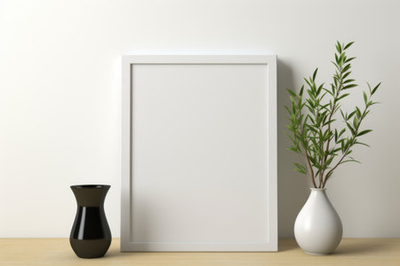Mockup frame, Minimalist White Table with a Sleek, Modern Black Mockup Frame. Generative AIの素材