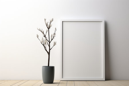 Mockup frame, Minimalistic White Table Accentuated by a Stylish Black Mockup Frame. Generative AIの素材