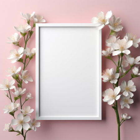 Mockup frame, Pastel-Colored Mockup Frame Set against a Charming Flowery Wallpaper. Generative AIの素材
