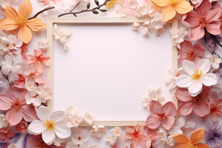 Mockup frame, A delicate, pastel-colored mockup frame against a flowery wallpaper. Generative AIの素材