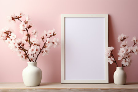 Mockup frame, Delicate Mockup Frame in Soft Pastel Hues against a Floral Wallpaper. Generative AIの素材