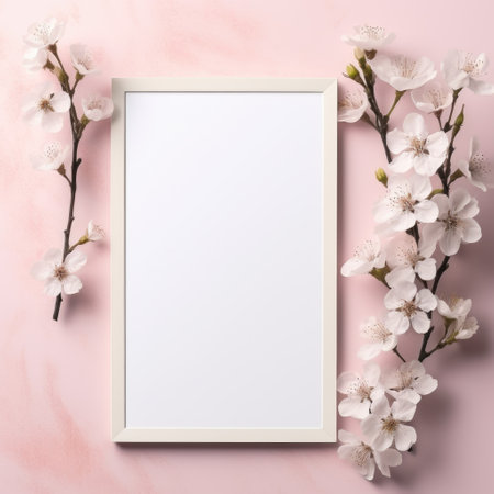 Mockup frame, Delicate Mockup Frame in Soft Pastel Hues against a Floral Wallpaper. Generative AIの素材