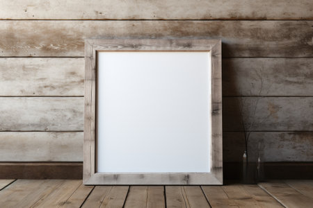 Mockup frame, Distressed Barn Wall with a Rustic Wooden Mockup Frame Leaning Against It. Generative AIの素材
