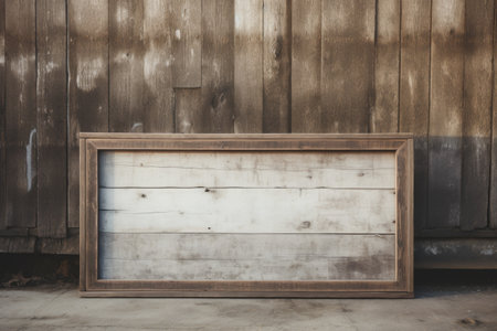 Mockup frame, Leaning Rustic Wooden Mockup Frame Against a Weathered Barn Wall. Generative AIの素材